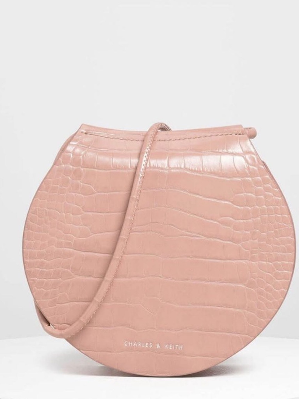 Charles & Keith Pink Croc-Embossed Round Crossbody NEW